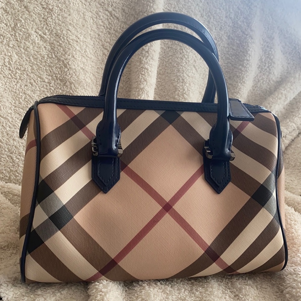 Burberry Nova Round Plaid Blue Patent Bowling Bag